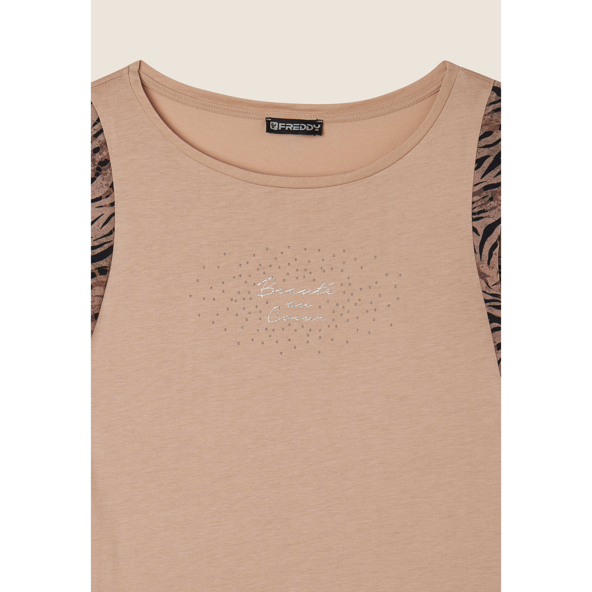 T-shirt senza maniche con dettagli dorati e animalier