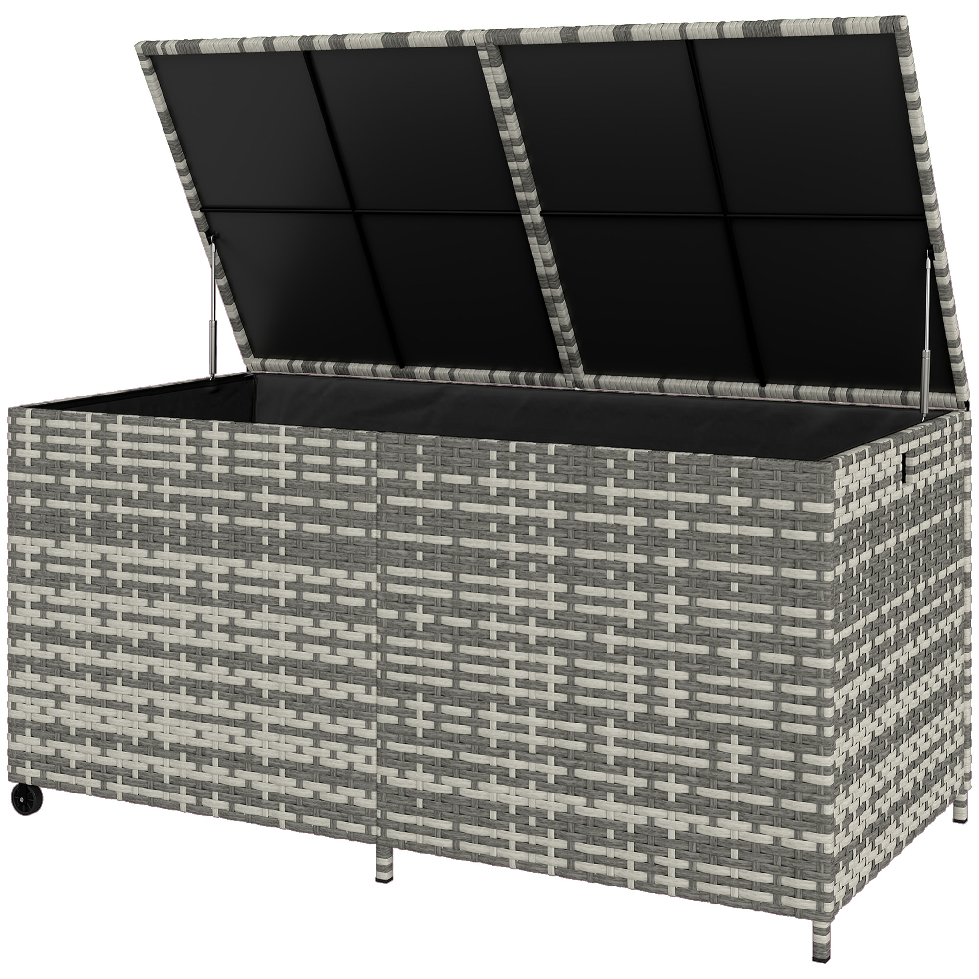 Coffre de jardin résine tressée 650L doublure zippée vérins pneumatiques gris