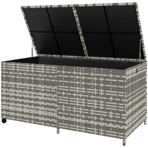 Coffre de jardin résine tressée 650L doublure zippée vérins pneumatiques gris