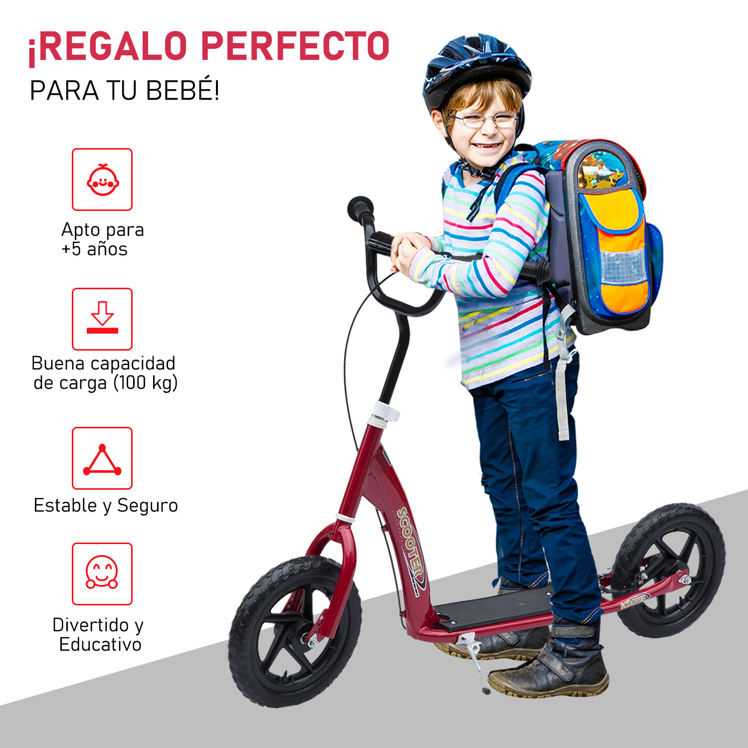 Patinete para Niños con Ruedas Grandes Freno Manillar Ajustable en Altura Rojo