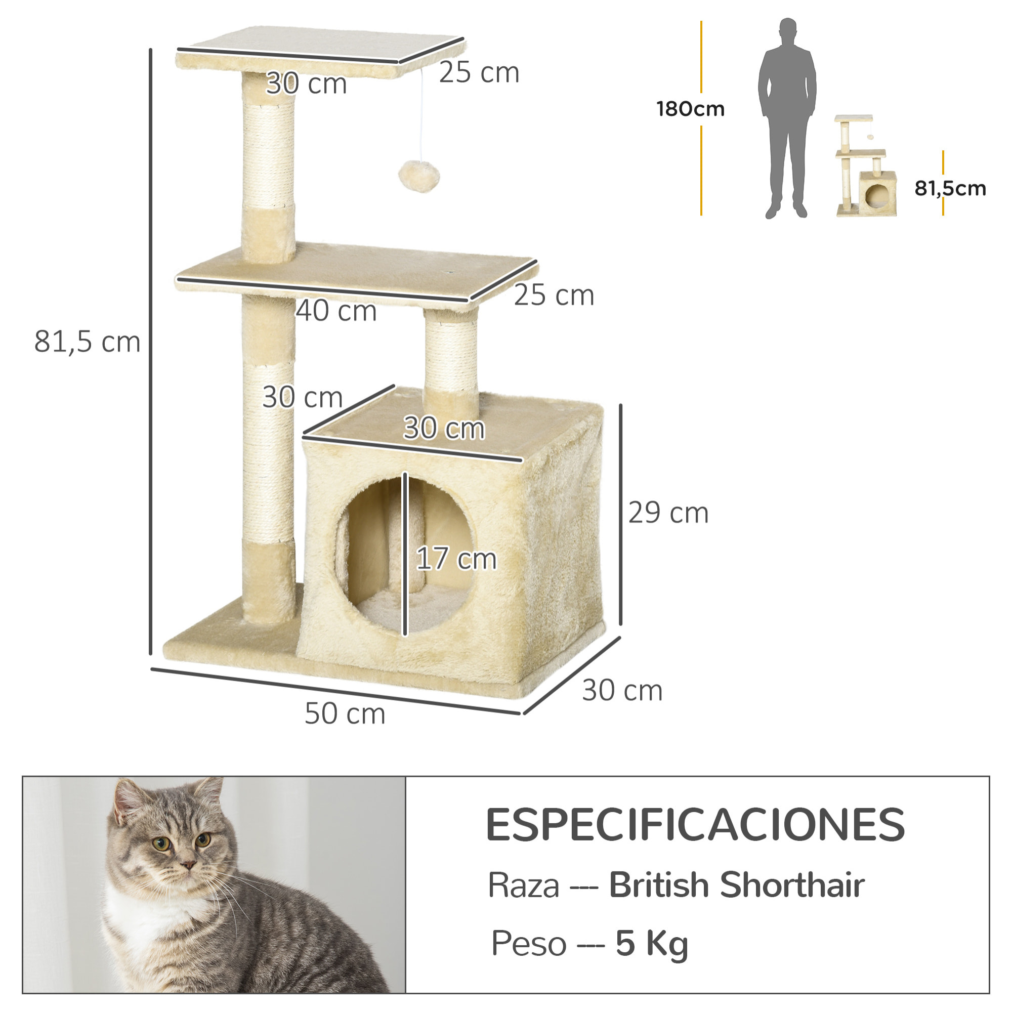 árbol Rascador para Gatos de Felpa y Sisal 50x30x80cm Beige