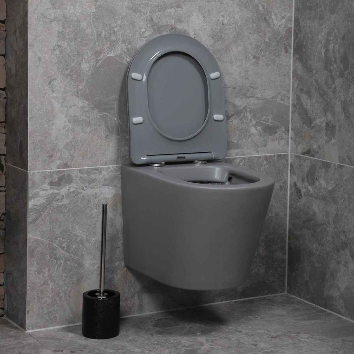 Pack WC bâti-autoportant + WC Infinitio gris mat sans bride fixations invisibles + Abattant softclose + Plaque blanche/chrome