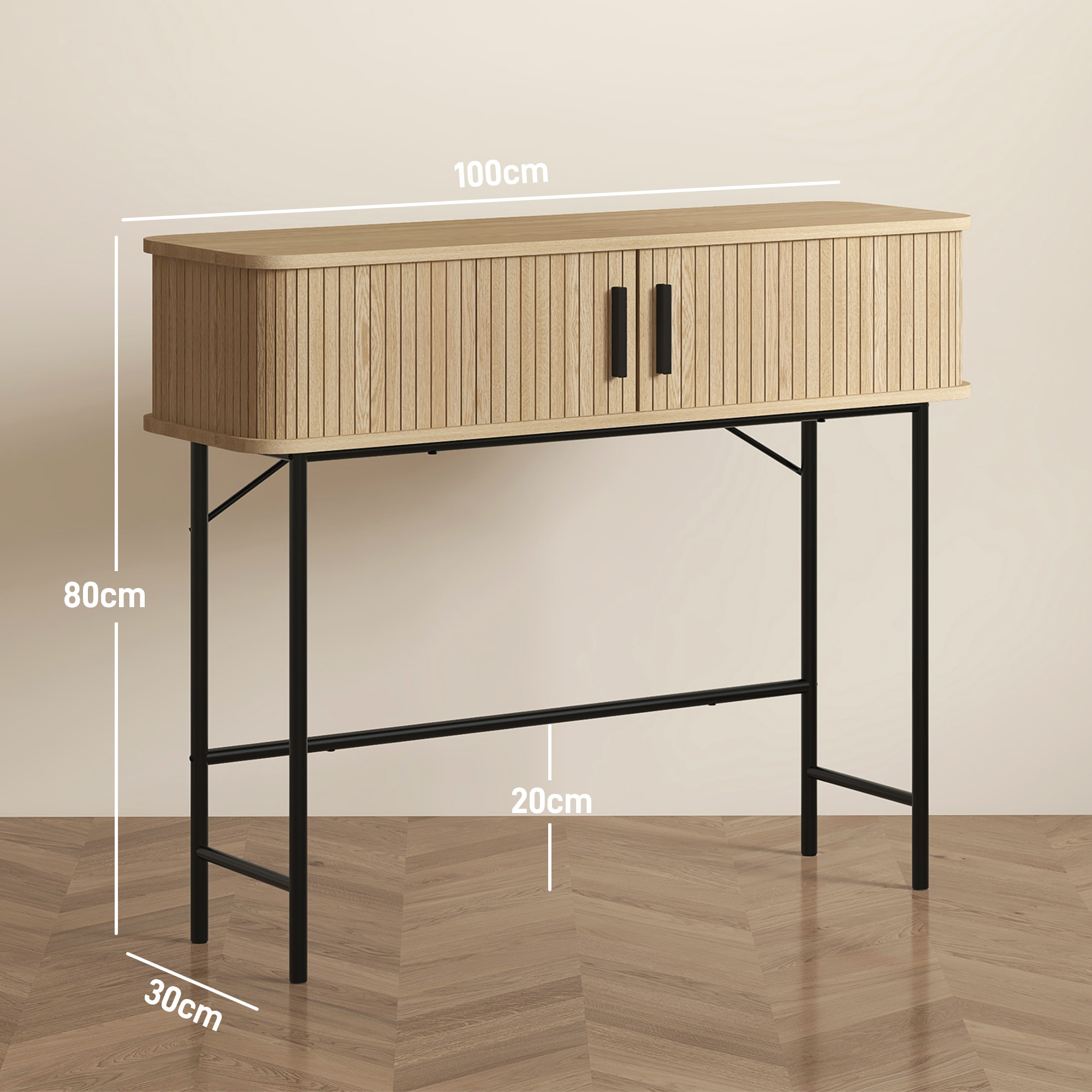 Console 2 portes coulissantes design naturel piètement acier noir effet bois clair