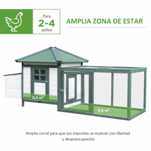 PawHut Gallinero de Madera de Pino Refugio Jaula para Gallinas Pollos Exterior con Caja Nido Bandeja Extraíble y Espacio para Correr 196x76x97 cm Verde y Blanco