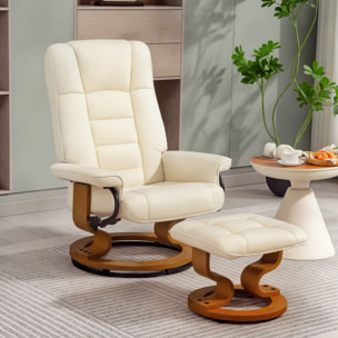 Fauteuil relax inclinable pivotant réglable avec repose-pied bois revêtement synthétique crème