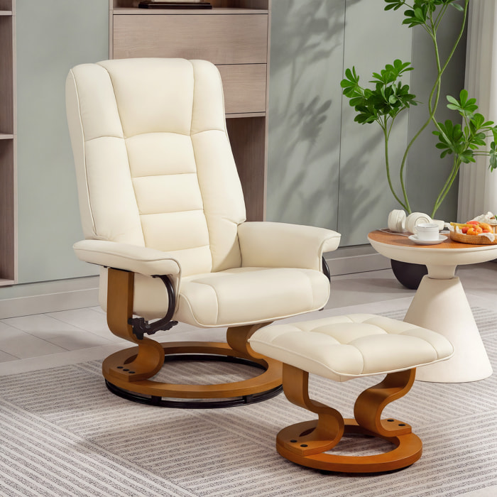 Fauteuil relax inclinable pivotant réglable avec repose-pied bois revêtement synthétique crème