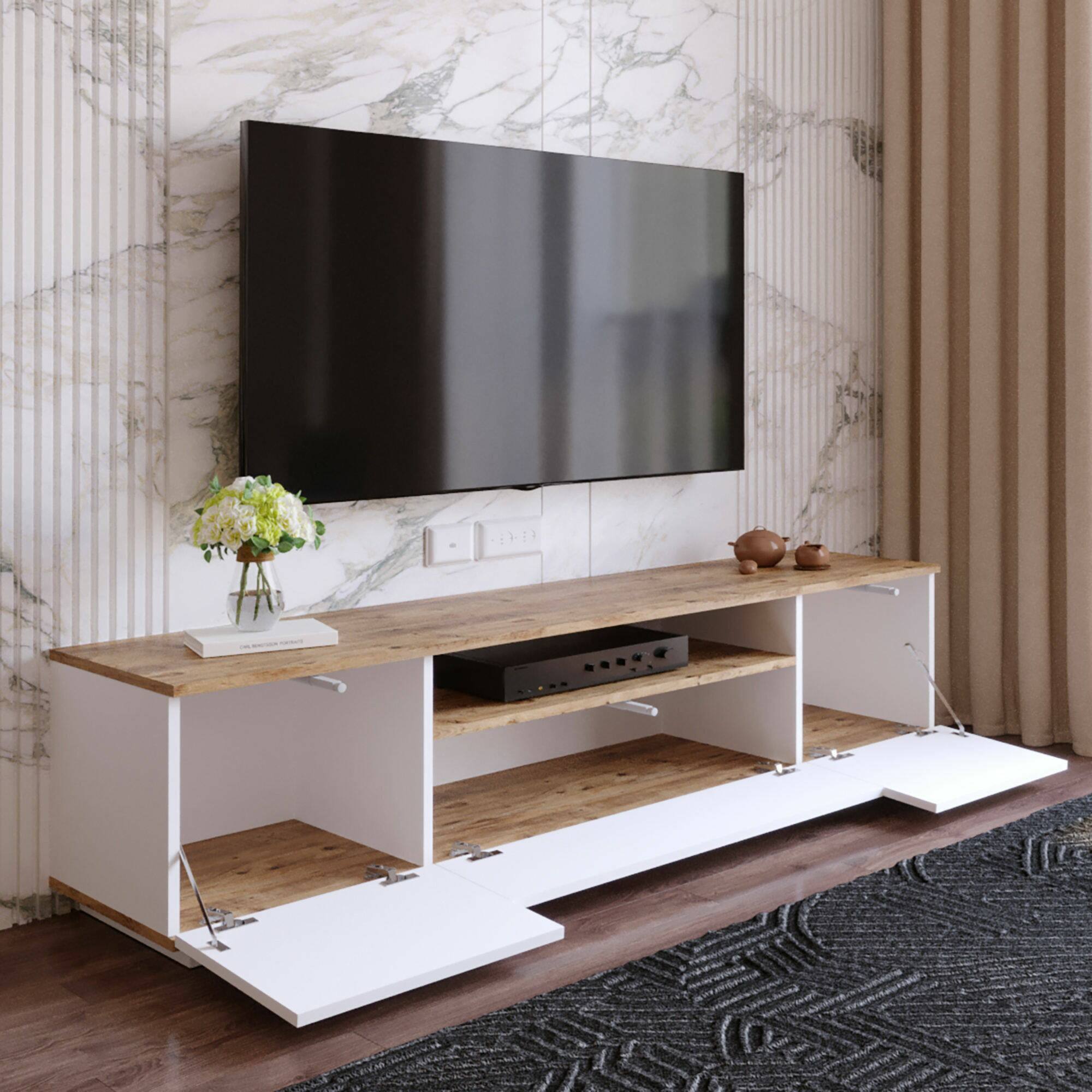 Mobile porta TV Asellina, Credenza da soggiorno, Armadio basso per TV, Base parete attrezzata, 180x45h45 cm, Quercia e Bianco