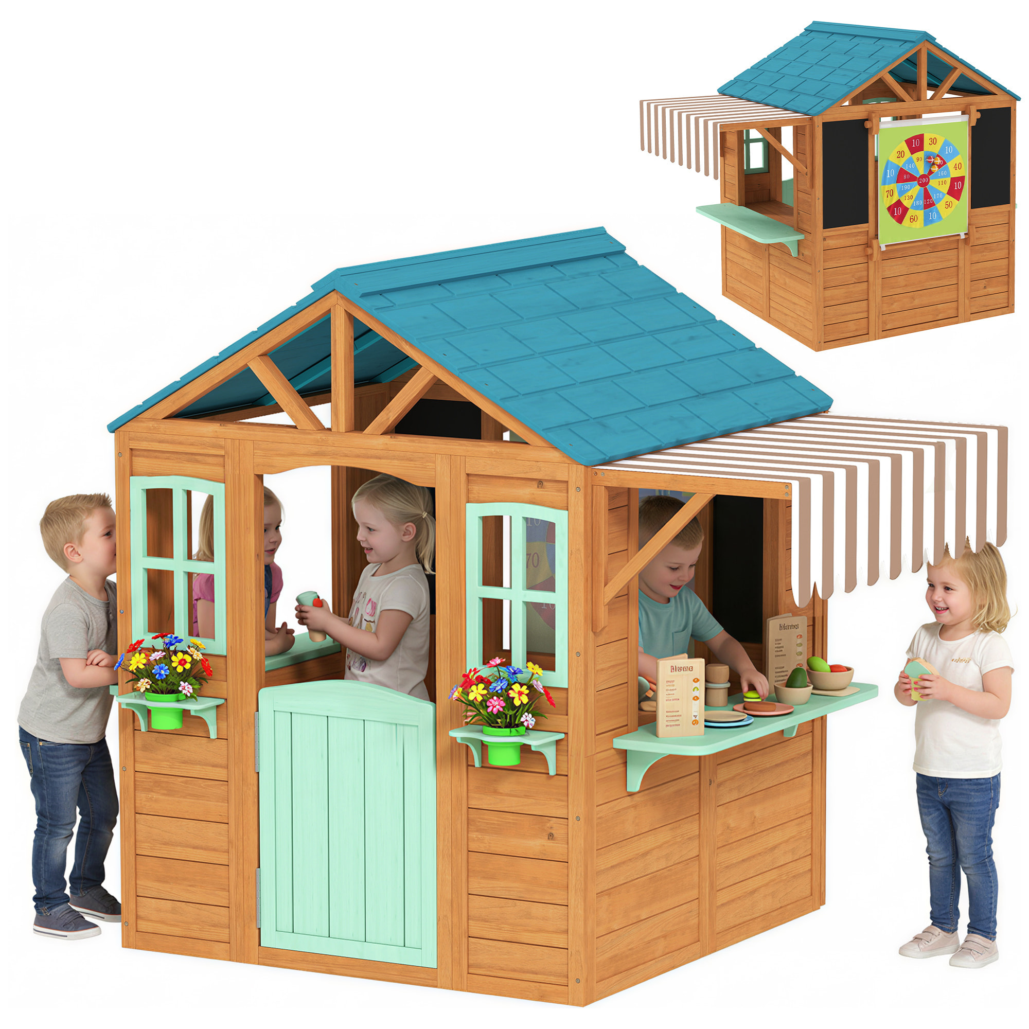 Casita Infantil Exterior e Interior de Madera, Casita Infantil con Barra de Snack, Maceteros, Pizarra, Ventanas, Tela para Tiro y 4 Pelotas, Casa de Jardín para Niños de 3-6 Años, Multicolor