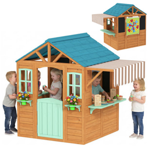 Casita Infantil Exterior e Interior de Madera, Casita Infantil con Barra de Snack, Maceteros, Pizarra, Ventanas, Tela para Tiro y 4 Pelotas, Casa de Jardín para Niños de 3-6 Años, Multicolor