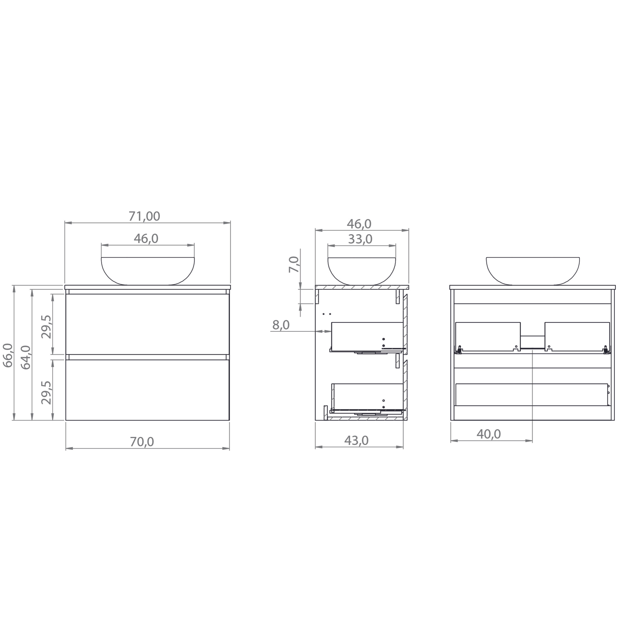ENSEMBLE DE SALLE DE BAIN NIA | MEUBLE SUSPENDU | 70 CM GLACIER | DEUX TIROIRS |LAVABO SUR PLAN | MIROIR NON INCLUS | MEUBLE MONTÉ | ALDAY