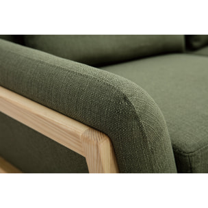 Canapé scandinave 3 places en tissu vert kaki et bois clair YOKO
