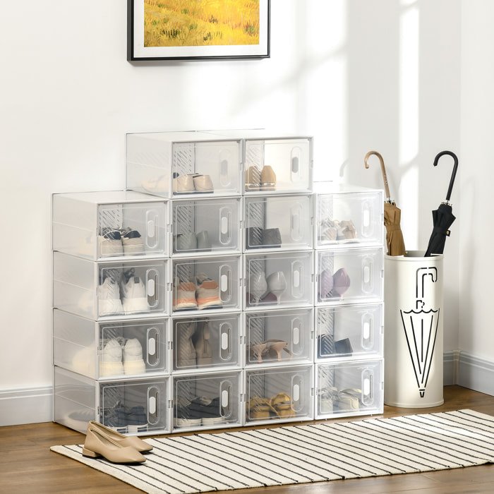 HOMCOM Armario Modular de Plástico Cajas de Zapatos Talla de 43 con 18 Cubos Puertas Magnéticas Muble Organizador para Entrada Pasillo Dormitorio 25x35x19 cm Transparente