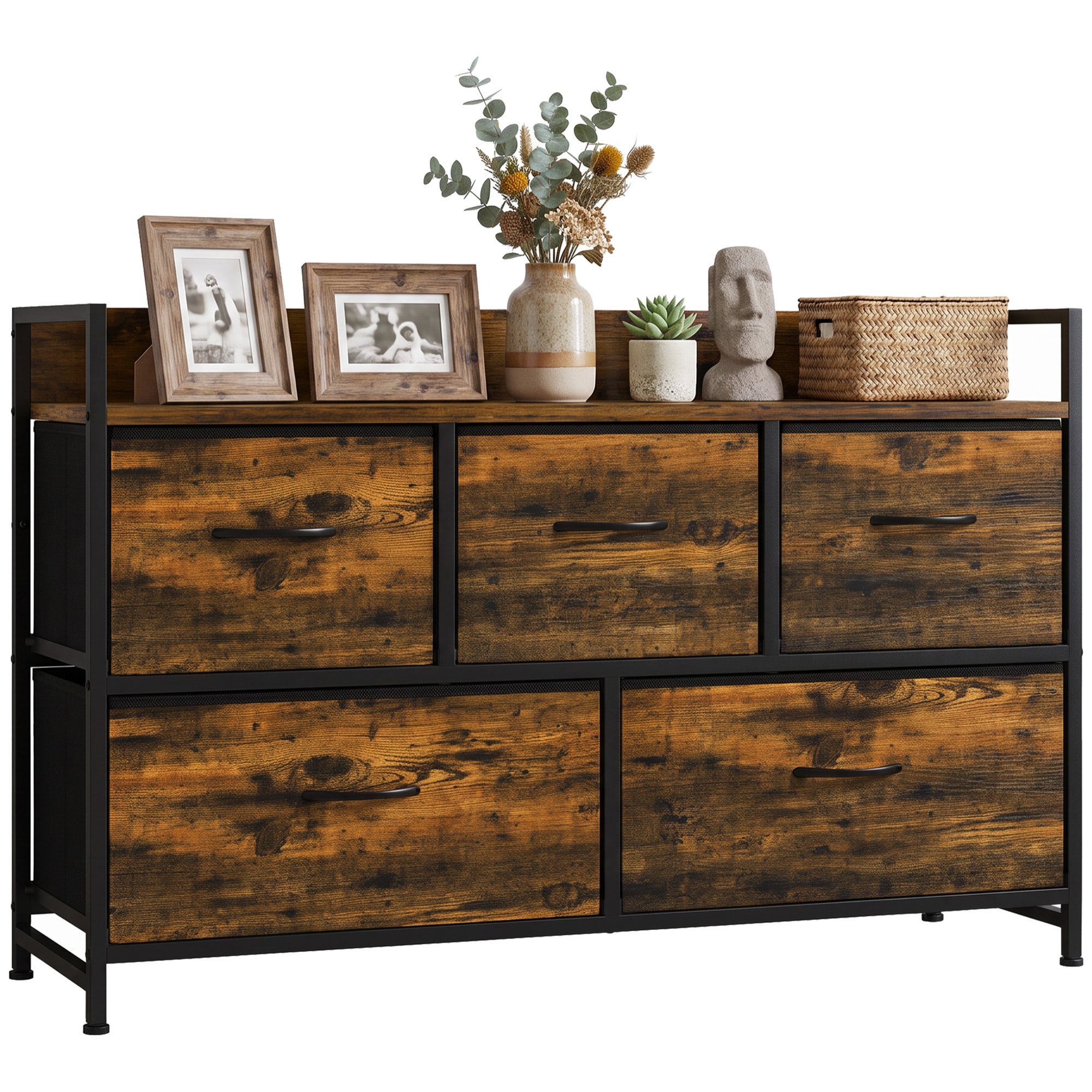 Mueble Organizador Cajonera de Tela con Cajones Plegables Estante Abierto y Marco de Acero Estilo Industrial para Salón Recibidor Dormitorio 98x29x63 cm, Marrón Rústico