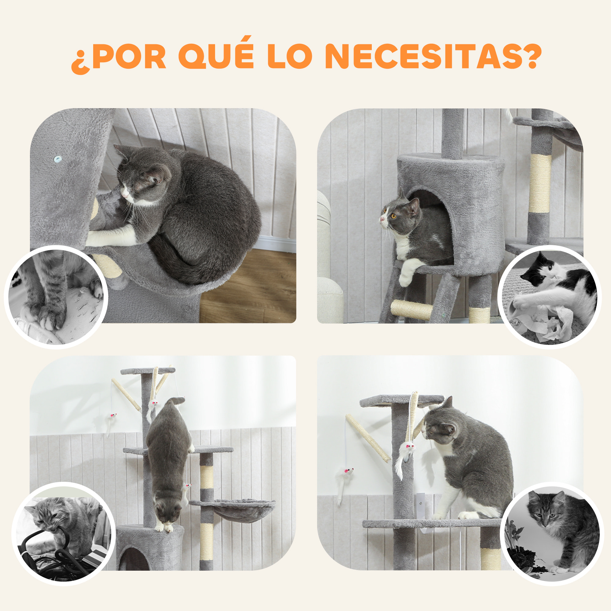 Árbol Rascador para Gatos Grande, Árbol para Gatos, Altura 134 cm, Torre de Escalada con 6 Postes de Sisal, 3 Plataformas, 1 Cueva, 1 Hamaca, 1 Escalera, 4 Juguetes Colgantes, Gris