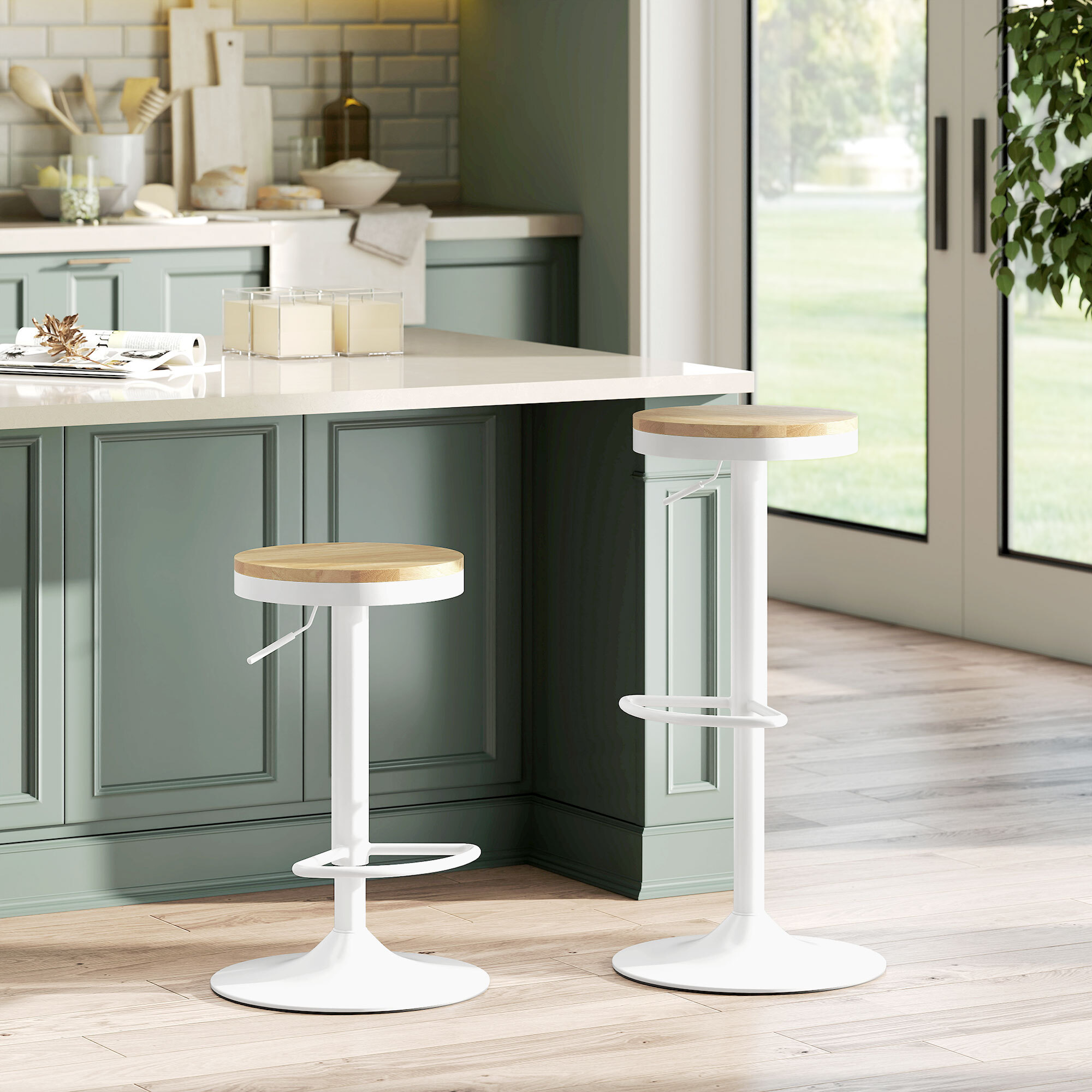 Juego de 2 Taburetes de Bar Giratorios Taburetes Altos de Cocina con Altura Ajustable 60-80 cm Asiento de Madera Marco de Acero y Reposapiés para Comedor Mostrador Natural y Blanco