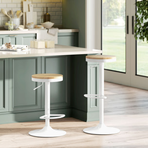 Juego de 2 Taburetes de Bar Giratorios Taburetes Altos de Cocina con Altura Ajustable 60-80 cm Asiento de Madera Marco de Acero y Reposapiés para Comedor Mostrador Natural y Blanco