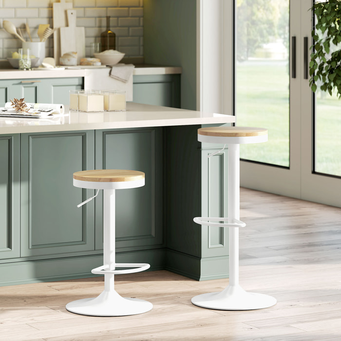 Juego de 2 Taburetes de Bar Giratorios Taburetes Altos de Cocina con Altura Ajustable 60-80 cm Asiento de Madera Marco de Acero y Reposapiés para Comedor Mostrador Natural y Blanco