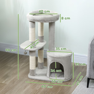 Arbre à chat design gris clair arrondi H.90cm niche 2 plateformes boule griffoirs
