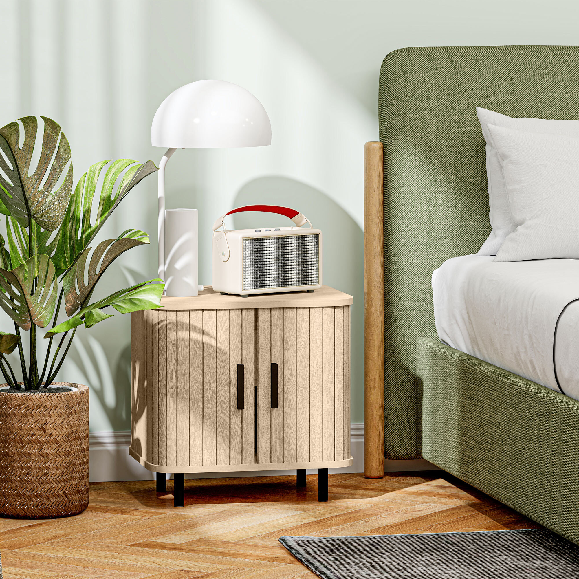 Mesita de Noche Mesilla de Noche Dormitorio con Puertas Correderas 2 Estantes y Patas de Acero Estilo Escandinavo para Salón 48x40x48 cm Roble