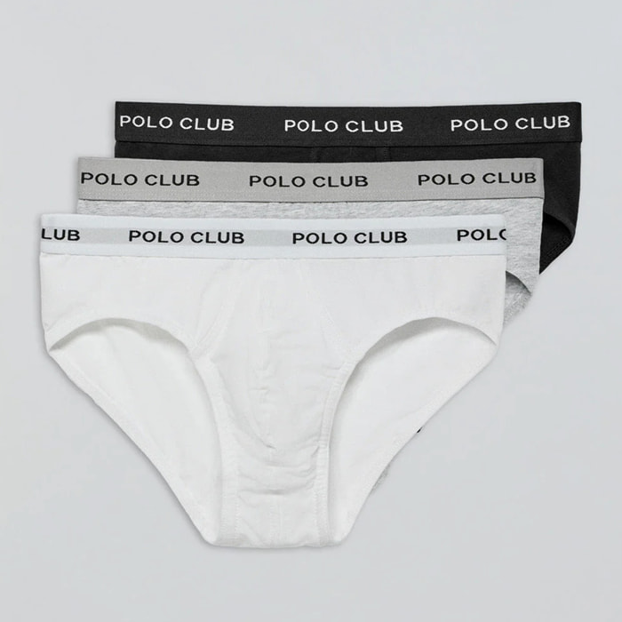 Pack de tres slips negro, gris y blanco con detalle Polo Club