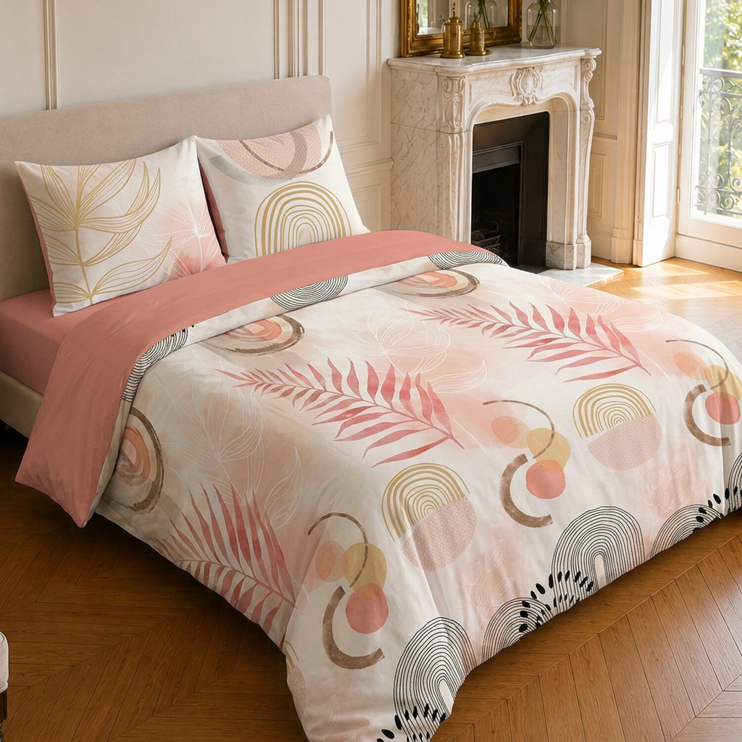 Parure housse de couette 100% coton motif floral - TERRACOTTA