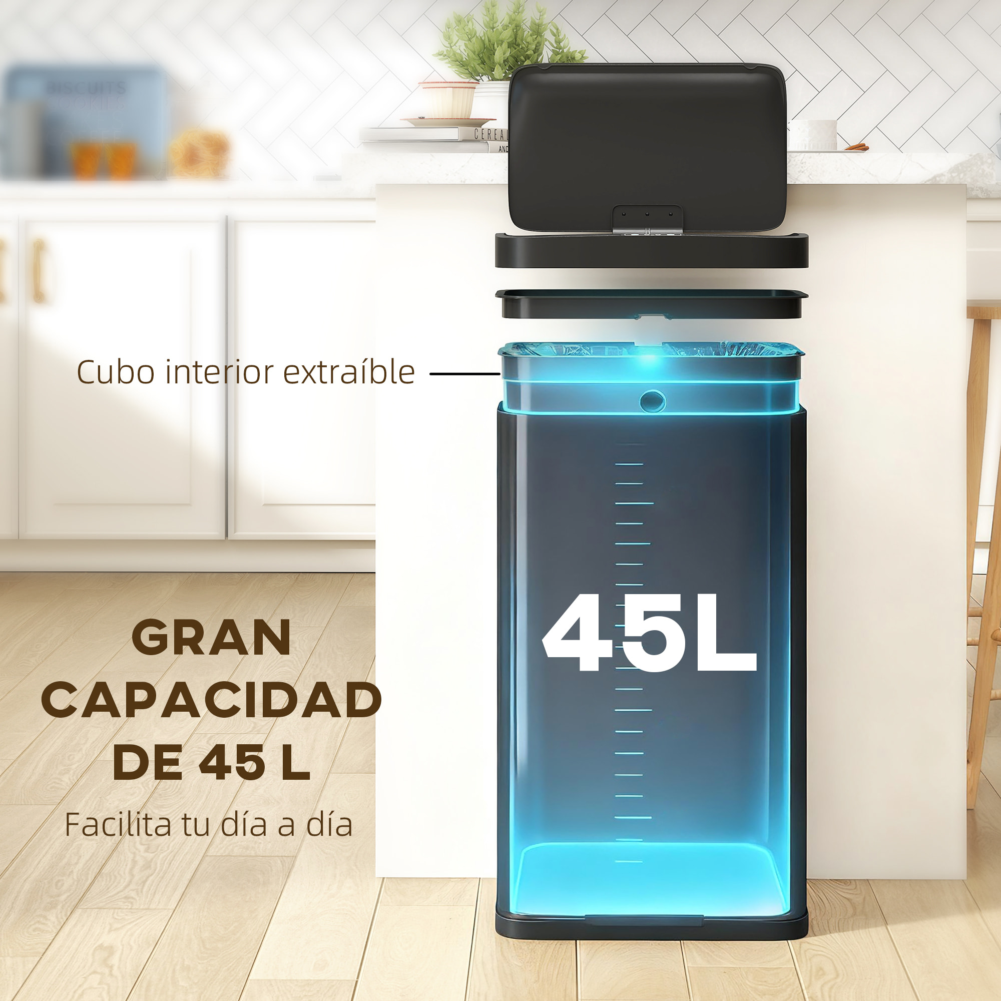Cubo de Basura Cocina Automático 45 L, Papelera de Cocina de Metal con Sensor Infrarrojo, Cierre Suave, Cubo Interior Extraíble, Antihuellas, para Oficina, Hogar, Negro