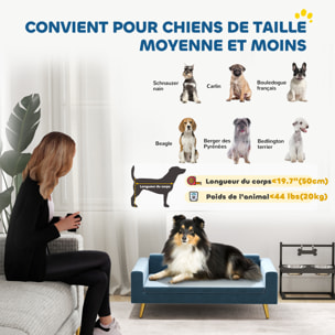 Canapé chien style art déco - dim. 94L x 59l x 31H cm - coussin amovible déhoussable - acier doré velours bleu