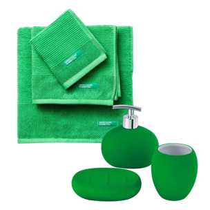 Set de 3 toallas verdes 450gsm 100% algodón + set 3pc accesorios de baño en cerámica verde.