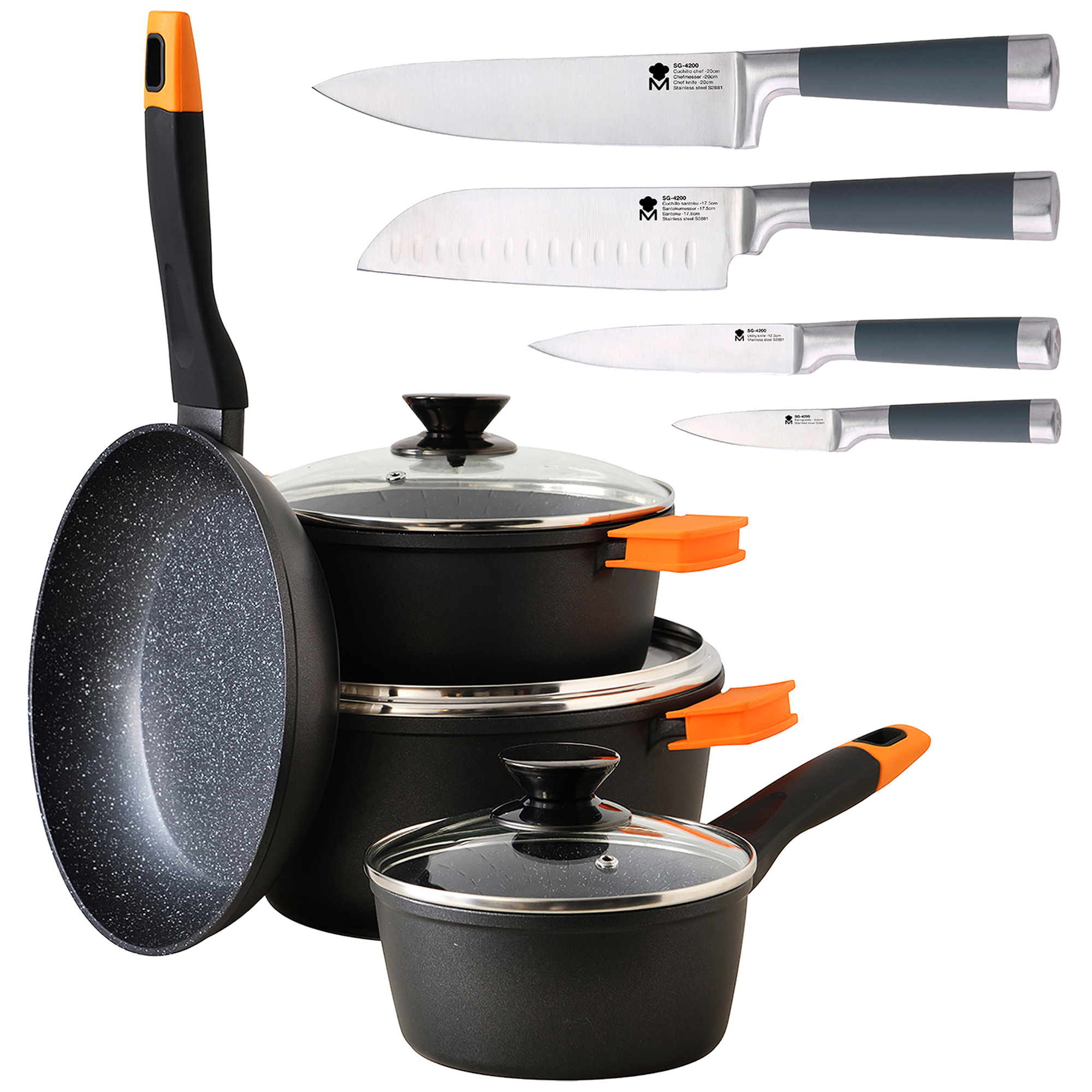 Set Batería de Cocina 7 piezas + juego de 4 cuchillos de cocina