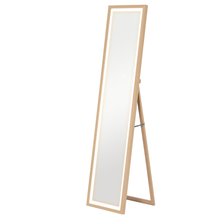 Grand miroir LED pleine longueur 40 x 160 cm autoportant ou à fixer - 3 couleurs luminosité réglable - effet bois