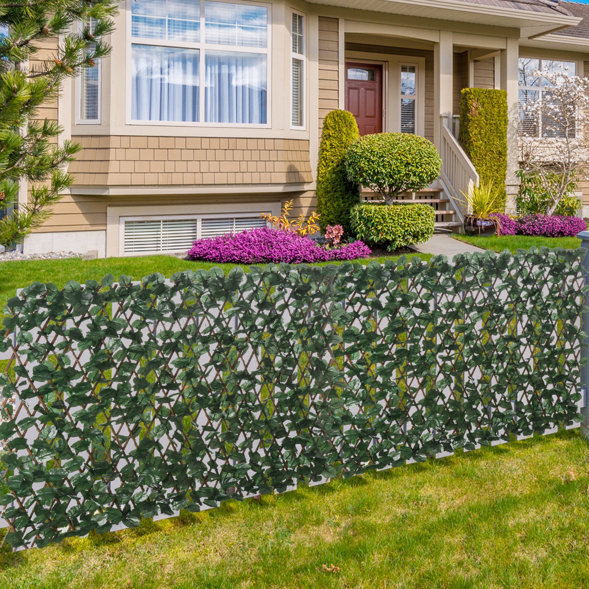 Valla de Enrejado Expansible de 2 Piezas con Hojas Artificial 295x70 cm Celosía Extensible de Mimbre Pantalla de Privacidad Decorativo para Jardín Balcón Verde