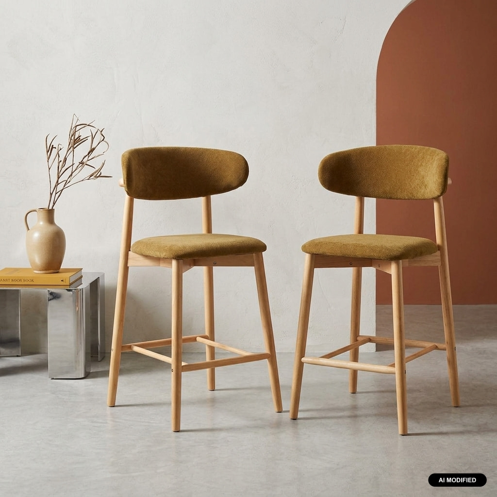Tabouret de bar bois d'hévéa naturel et tissu chenille (lot de 2)  PAOLA