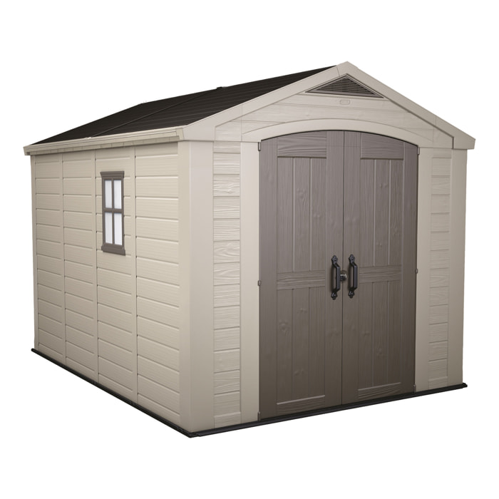 Factor 8x11 - Casetta da Giardino 256,50x243x331,50 cm 2 Ante per deposito attrezzi finitura effetto legno in Resina Beige