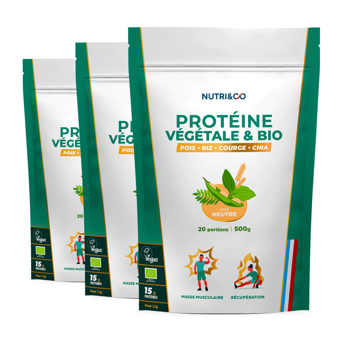 Protéine Vegétale & Bio - 4 Sources : Pois, Riz, Chia et Courge - 500g goût Neutre - Lot de 3