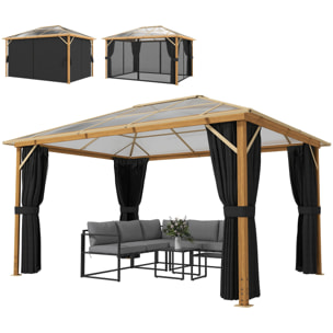 Pergola pavillon de jardin alu effet bois toit polycarbonate 3 x 4 m rideaux moustiquaires inclus