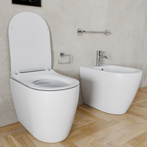 Coppia Sanitari Filomuro Filo Muro Filo Parete Vaso WC E Bidet Design Moderno In Ceramica Con Copriwater Chiusura Soft Close Rallentata Bianco Opaco