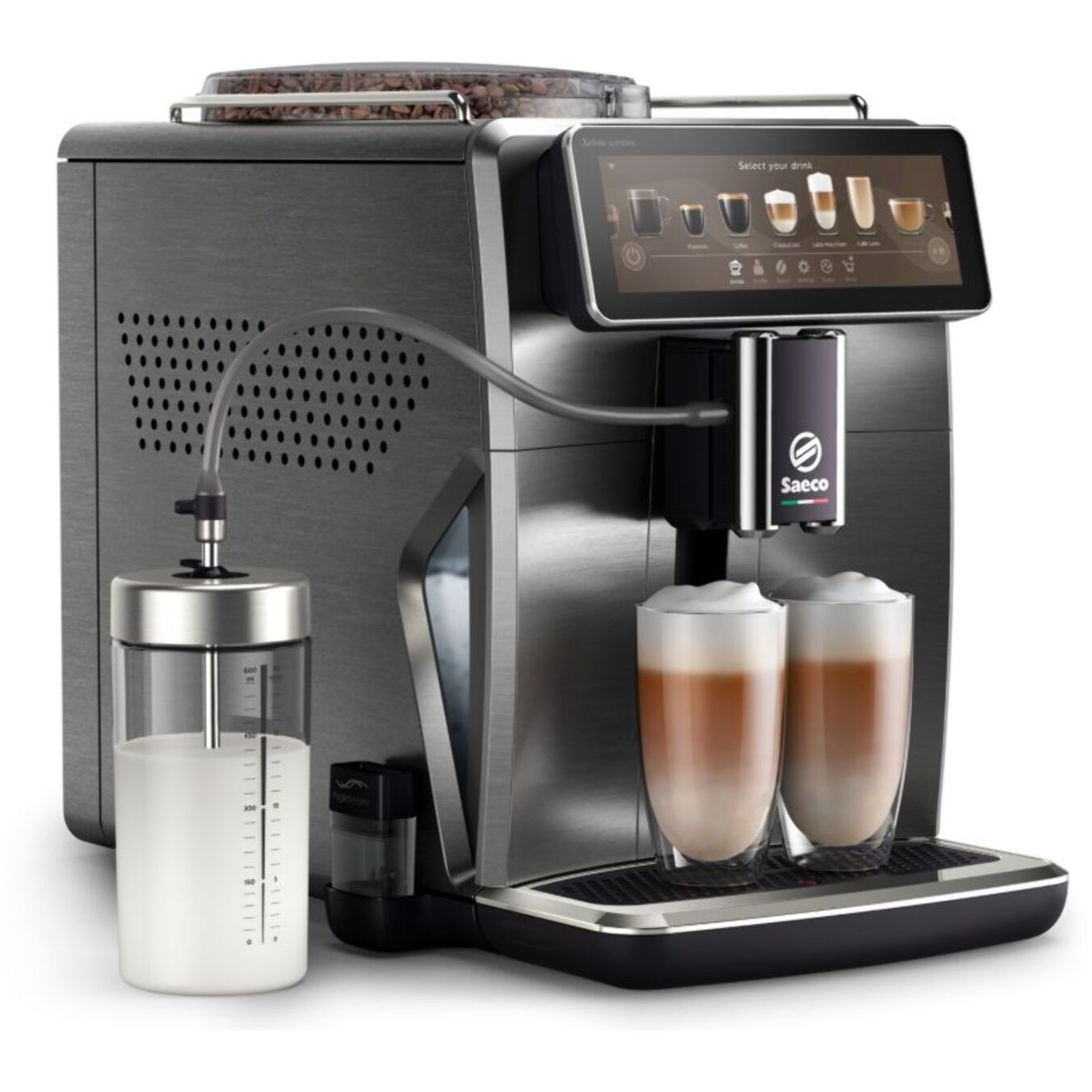 Expresso Broyeur SAECO SM8889 Cafetière à grain Xelsis Supréma en métal, connectée, avec carafe à lait