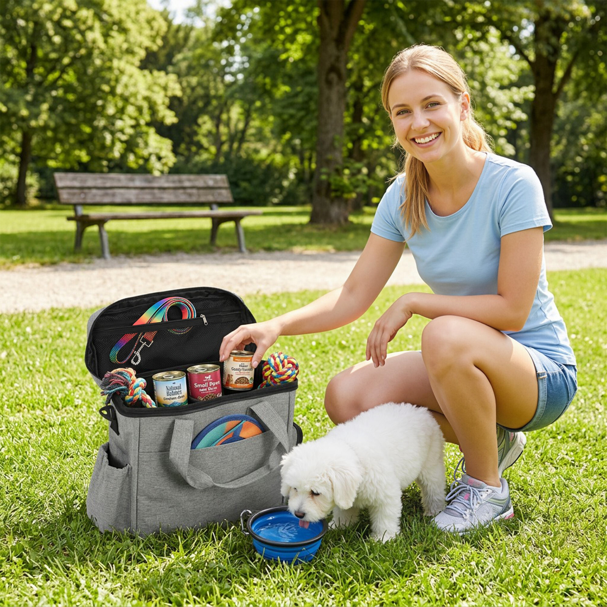 Sac à friandises et croquettes pour chien 2 paniers bol pliable silicone gris clair