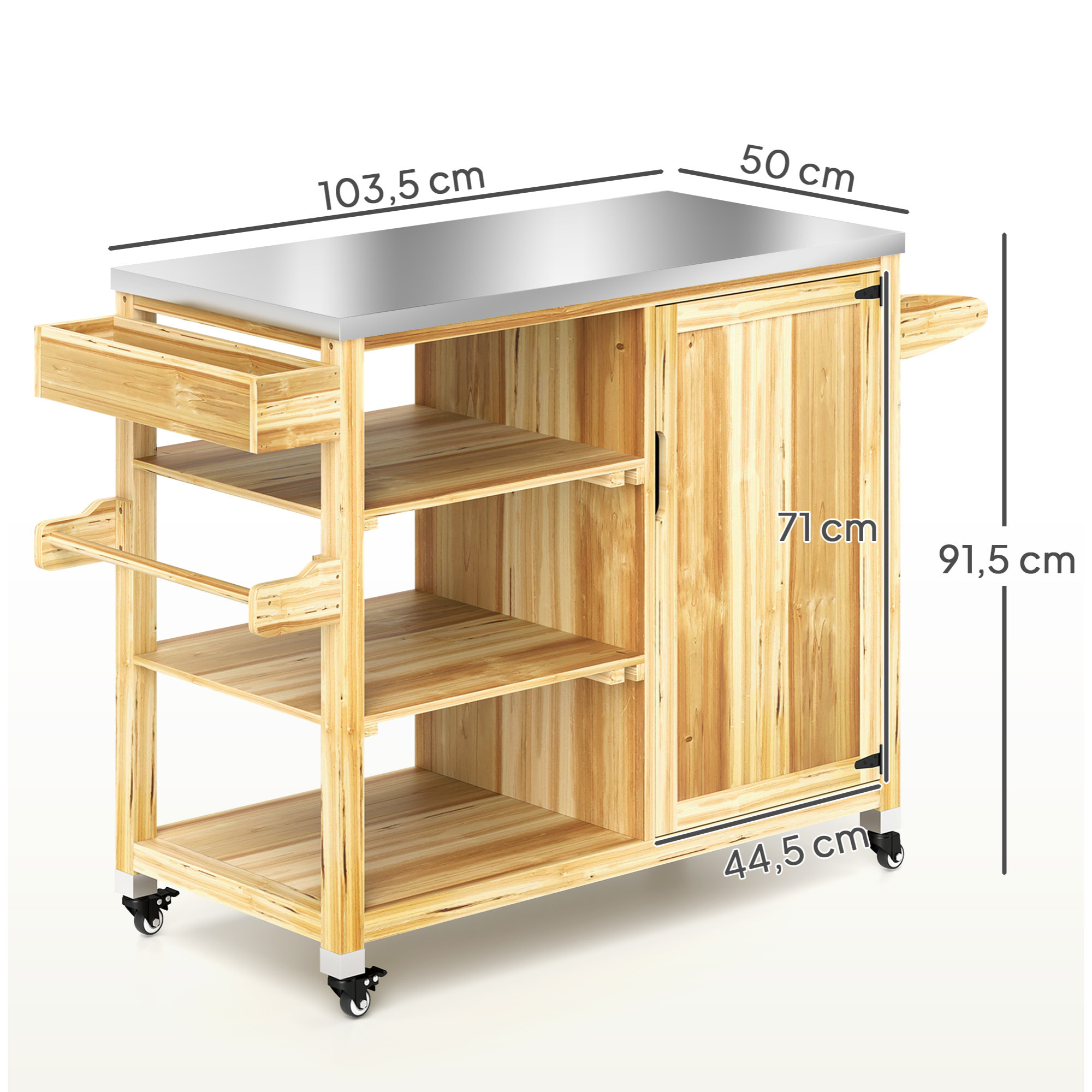 Carrito de Parrilla Carrito de Barbacoa de Madera Carro de Servicio con 4 Ruedas Estantes Armario Encimera de Acero Inoxidable Toallero y Especiero para Jardín Patio 134,5x50x91,5 cm Natural
