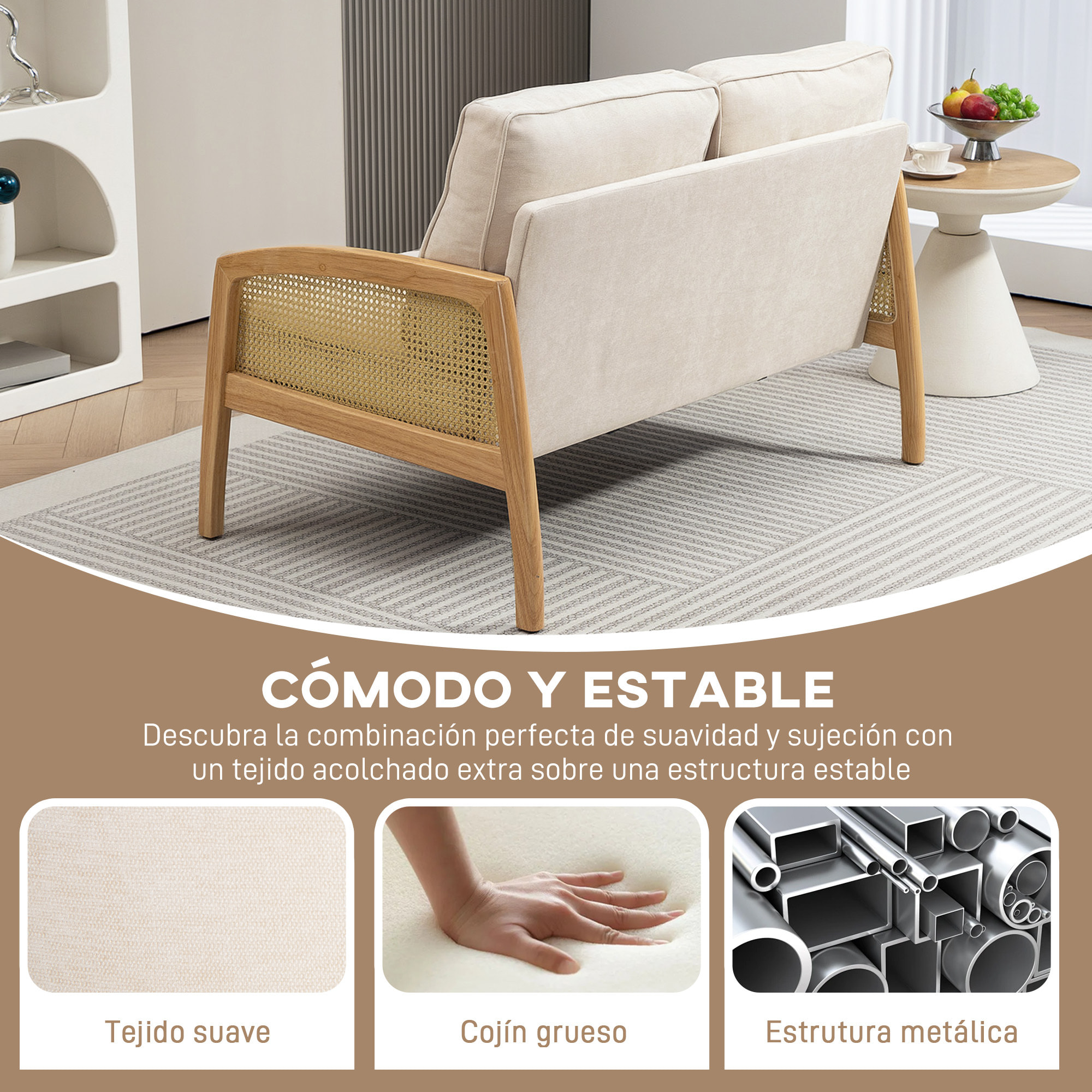 Sofá de 2 Plazas Tapizado en Chenilla Sofá de Salón con 2 Almohadas Lavables y Reposabrazos de Ratán Sintético Sofá Pequeño Carga 240 kg 123x75x88 cm Beige