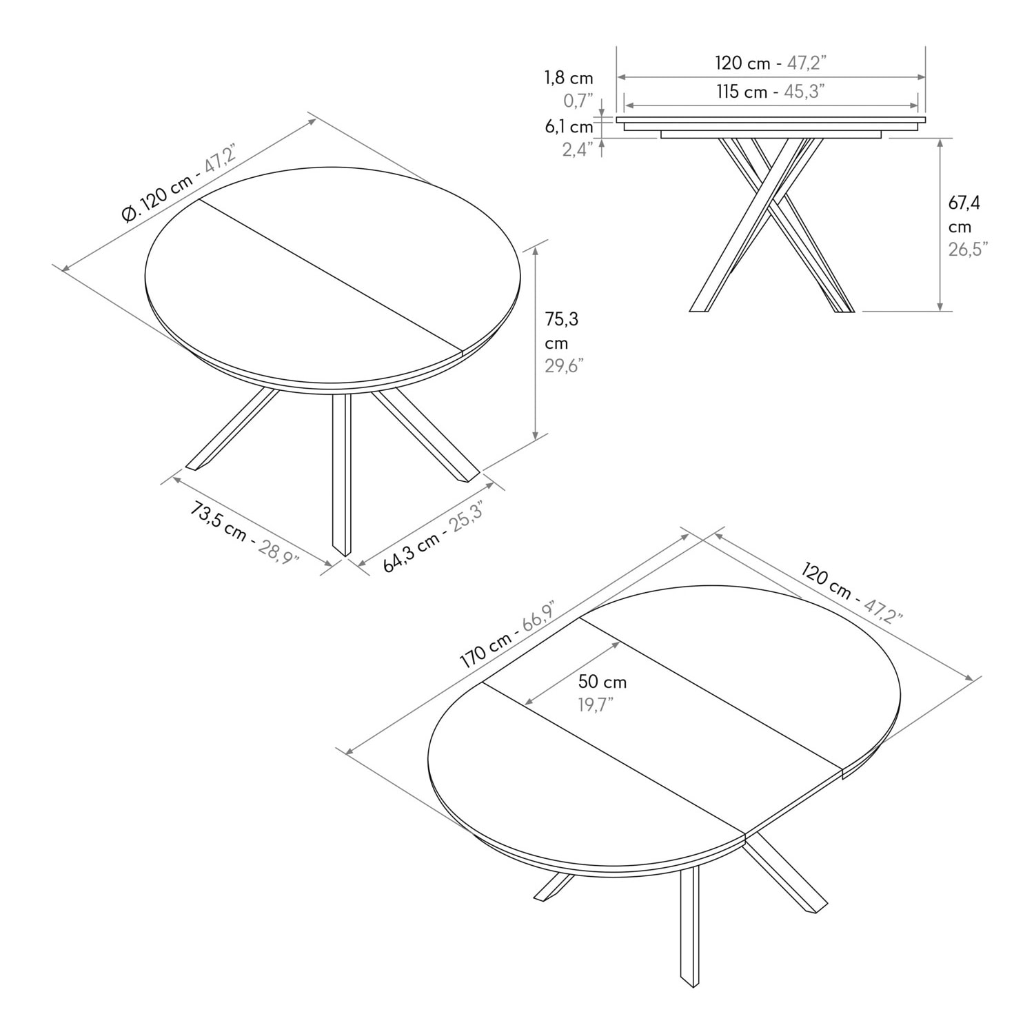 Tavolo rotondo PANTELLERIA in legno, finitura bianco statuario e gambe in metallo nero, allungabile Ø120xH75,3 cm - 170x120x75,3 cm
