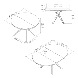 Tavolo rotondo PANTELLERIA in legno, finitura bianco statuario e gambe in metallo nero, allungabile Ø120xH75,3 cm - 170x120x75,3 cm