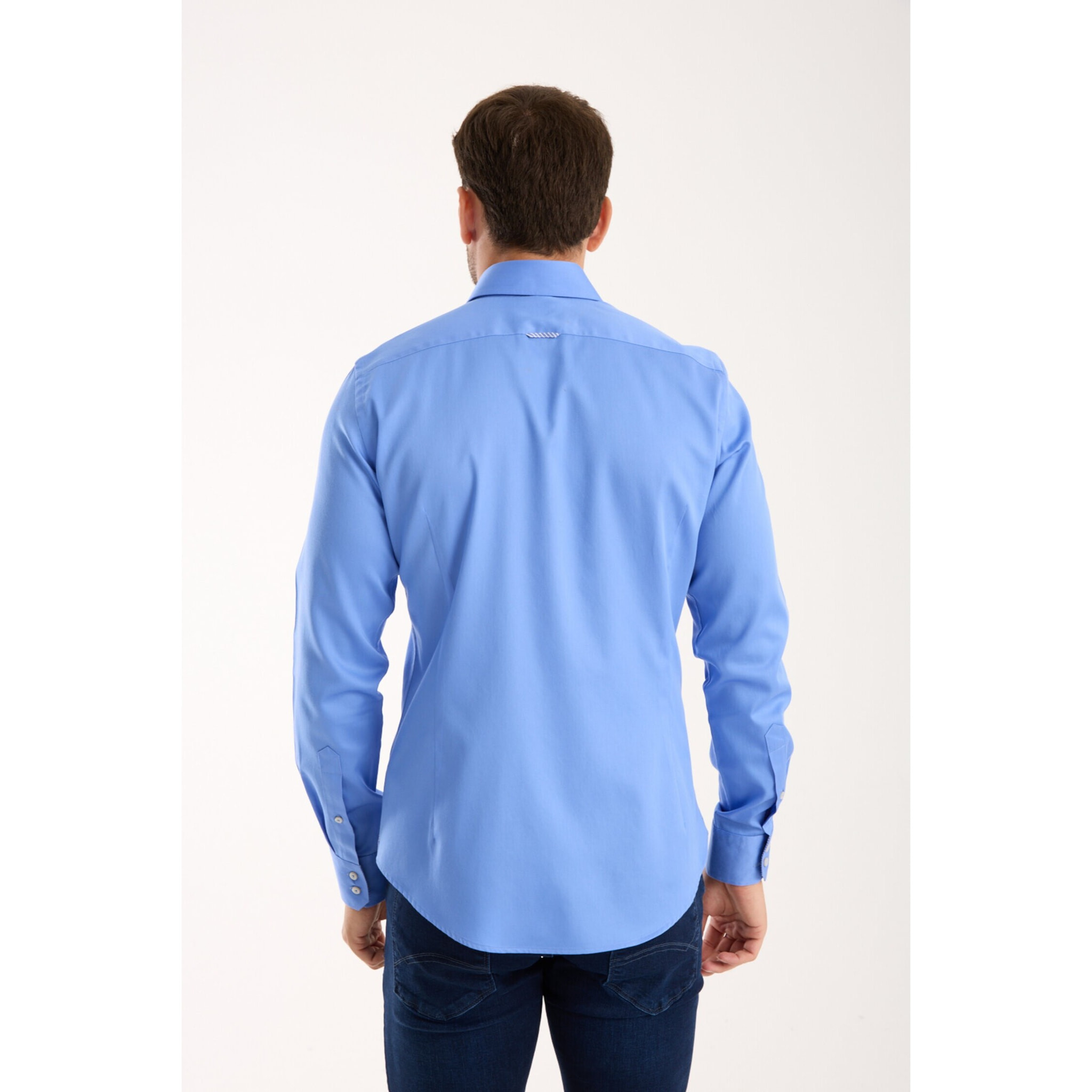 Camicia Uomo 2 Bottoni Button Down Slim Satin Unito Celeste Medio