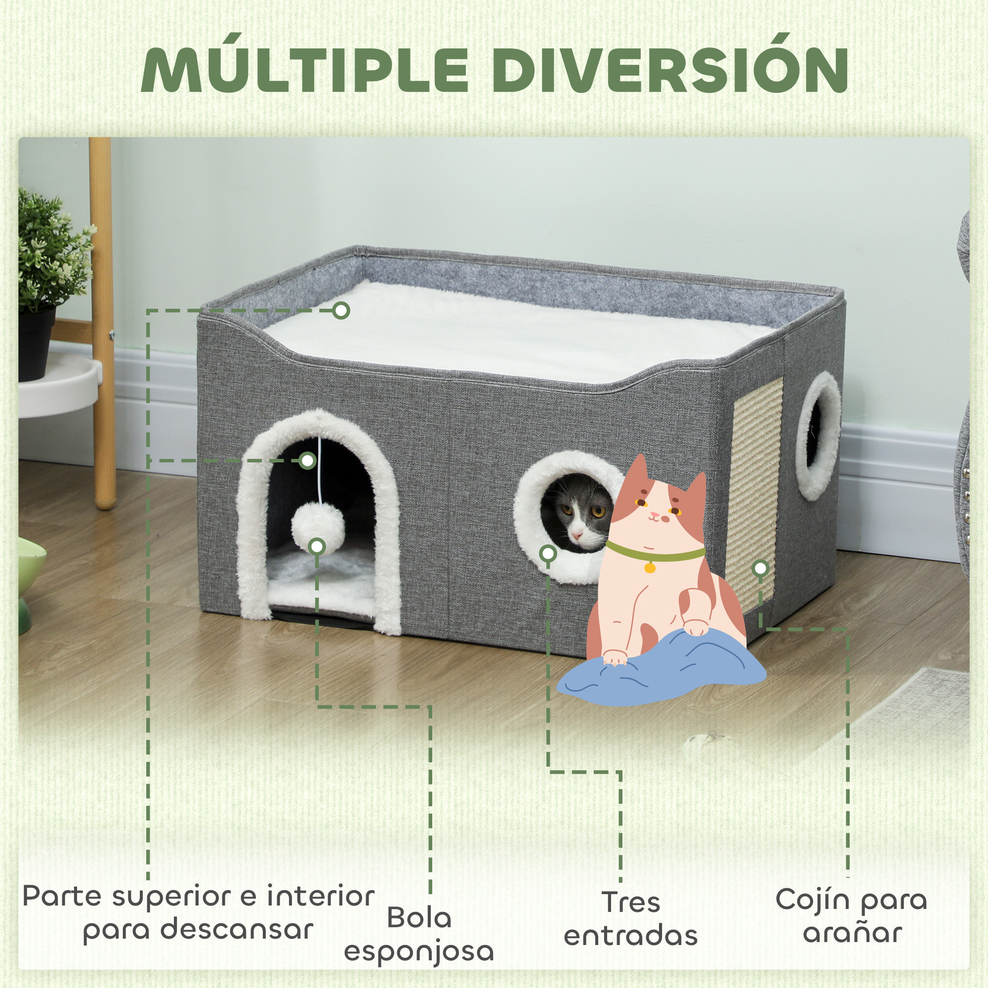 Casa para Gatos Plegable, Cama para Gatos con Rascador, 3 Entradas, Bola Colgante, Cojín Reversible en Felpa y Tipo Lino, para Interior, 60x40X34 cm, Gris
