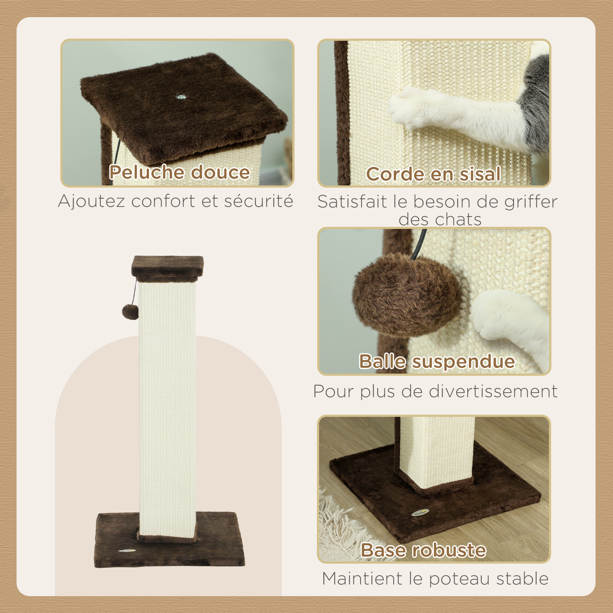 Griffoir tour pour chat H.81 cm - poteau à griffer avec jeu balle suspendue - peluche marron sisal naturel