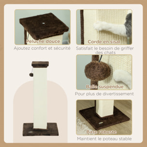 Griffoir tour pour chat H.81 cm - poteau à griffer avec jeu balle suspendue - peluche marron sisal naturel