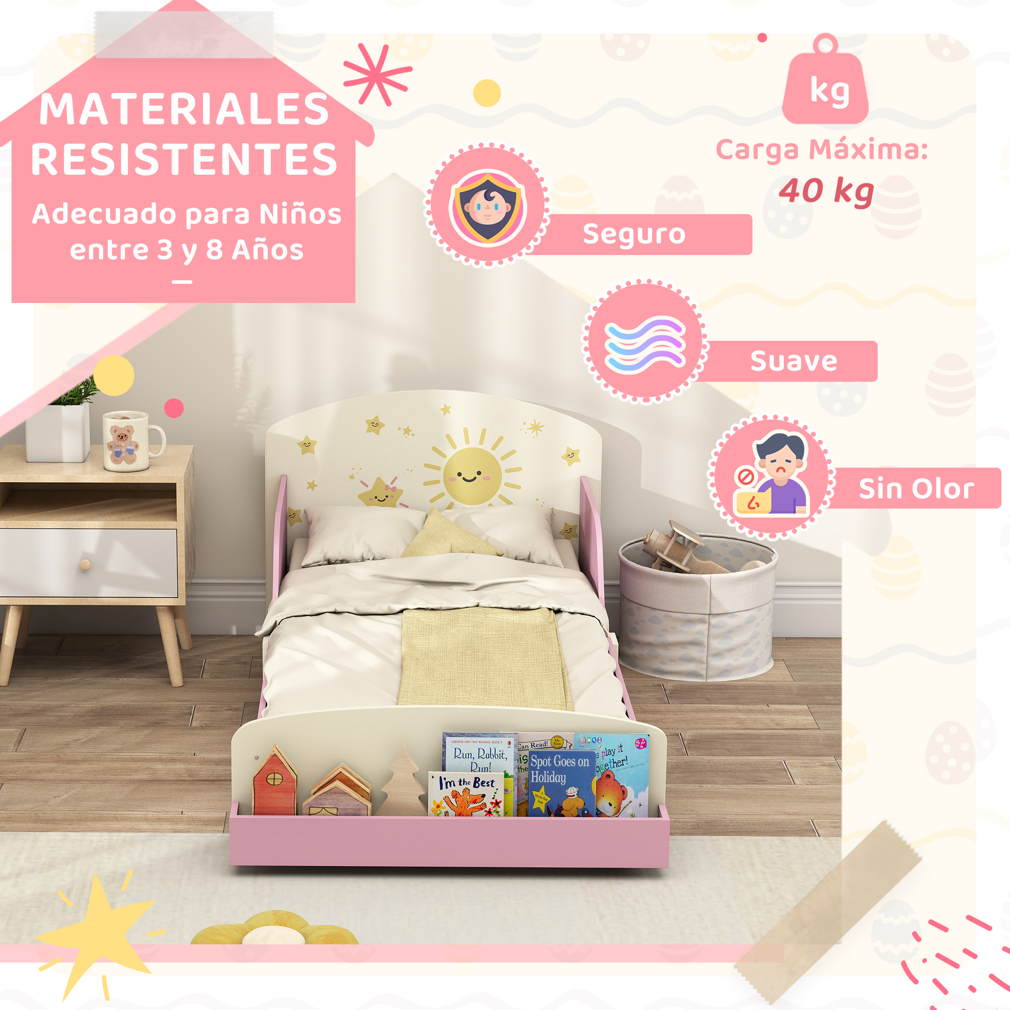 Cama infantil 70x140 cm de Madera con Almacenaje Cama para Niños de +3 Años con Protección Anticaída Cabecero en Dibujos de Estrellas Carga 40 kg para Dormitorio Rosa