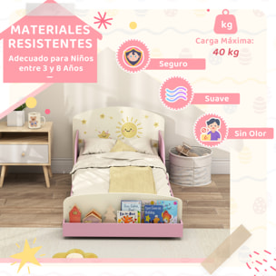 Cama infantil 70x140 cm de Madera con Almacenaje Cama para Niños de +3 Años con Protección Anticaída Cabecero en Dibujos de Estrellas Carga 40 kg para Dormitorio Rosa