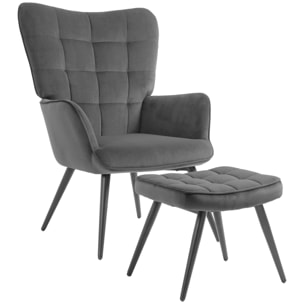 Fauteuil lounge style scandinave avec repose-pied assorti piètement incliné effilé métal noir aspect velours gris