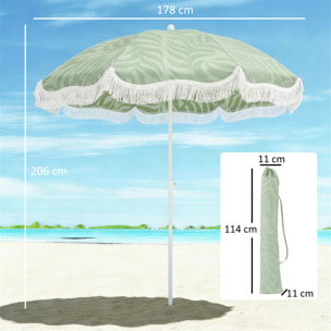 Sombrilla de Playa con Flecos Ø180 cm, Sombrilla de Terraza Exterior con Altura Ajustable, Inclinación, Anclaje Arena y Bolsa de Transporte, UPF30+, Estampado de Hojas, Verde